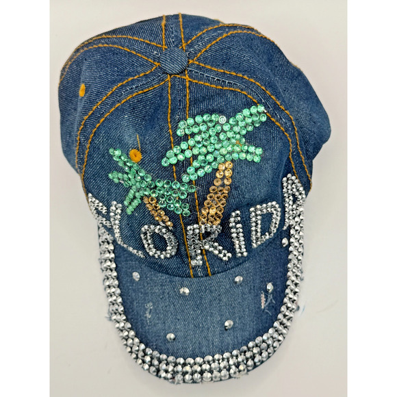 Bedazzled Denim “FLORIDA” Palm Tree Cap – Used with Wear but Full of Flair! - Picture 2 of 8